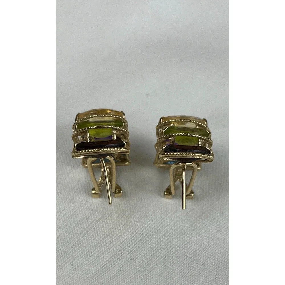 PTJ 14k YELLOW‎ GOLD GARNET, PERIDOT, BLUE TOPAZ, AMETHYST & TOPAZ HOOP EARRINGS